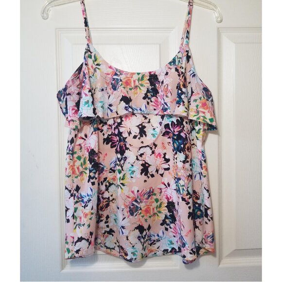 Floral Express Blouse Pink adjustable Straps Ruffle front - Picture 5 of 7